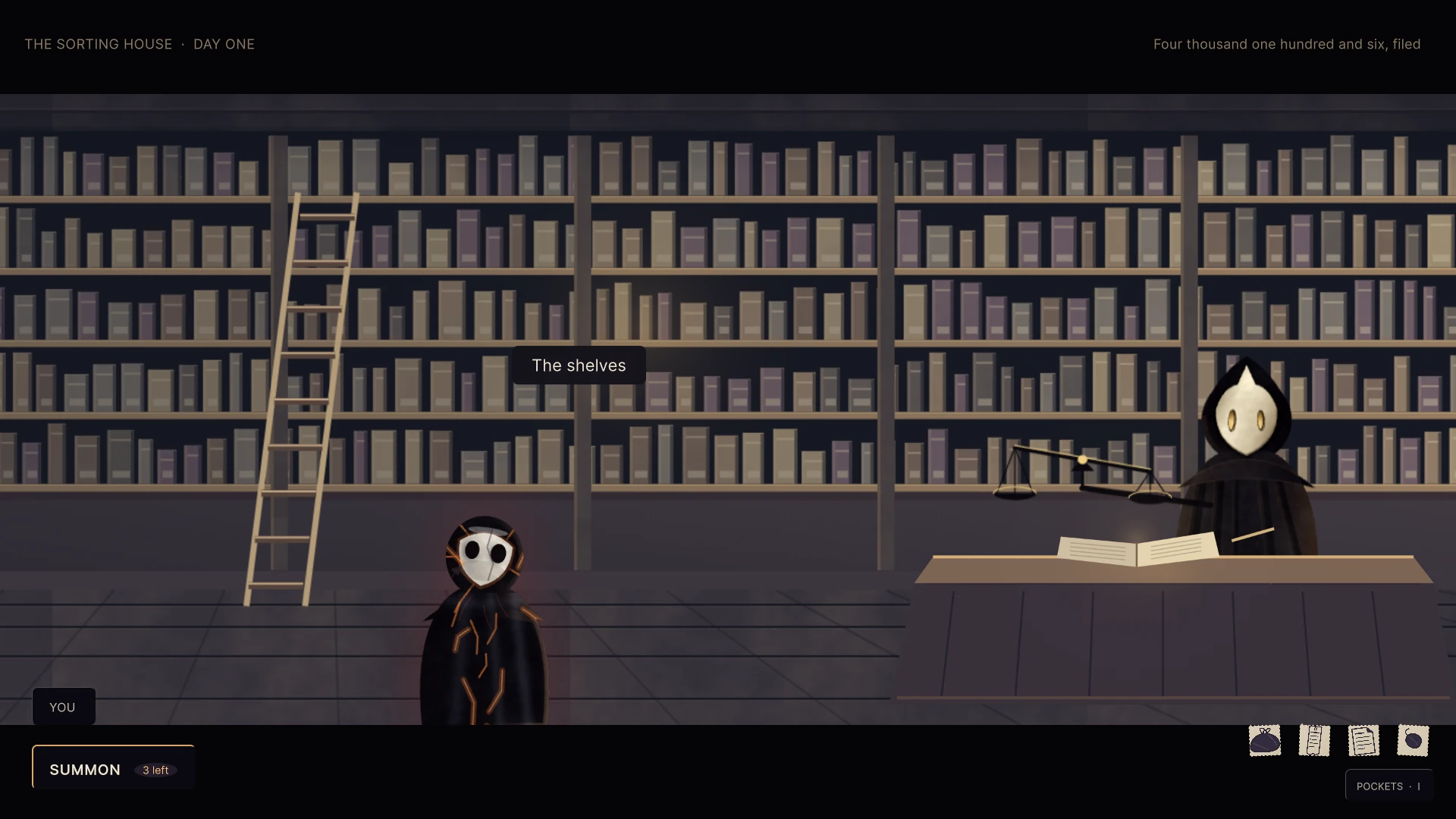 The player beside the Assayer and rows of shelves in the sorting house