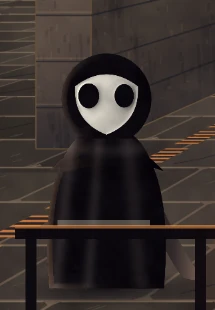 Pell in her dark hood and pale mask