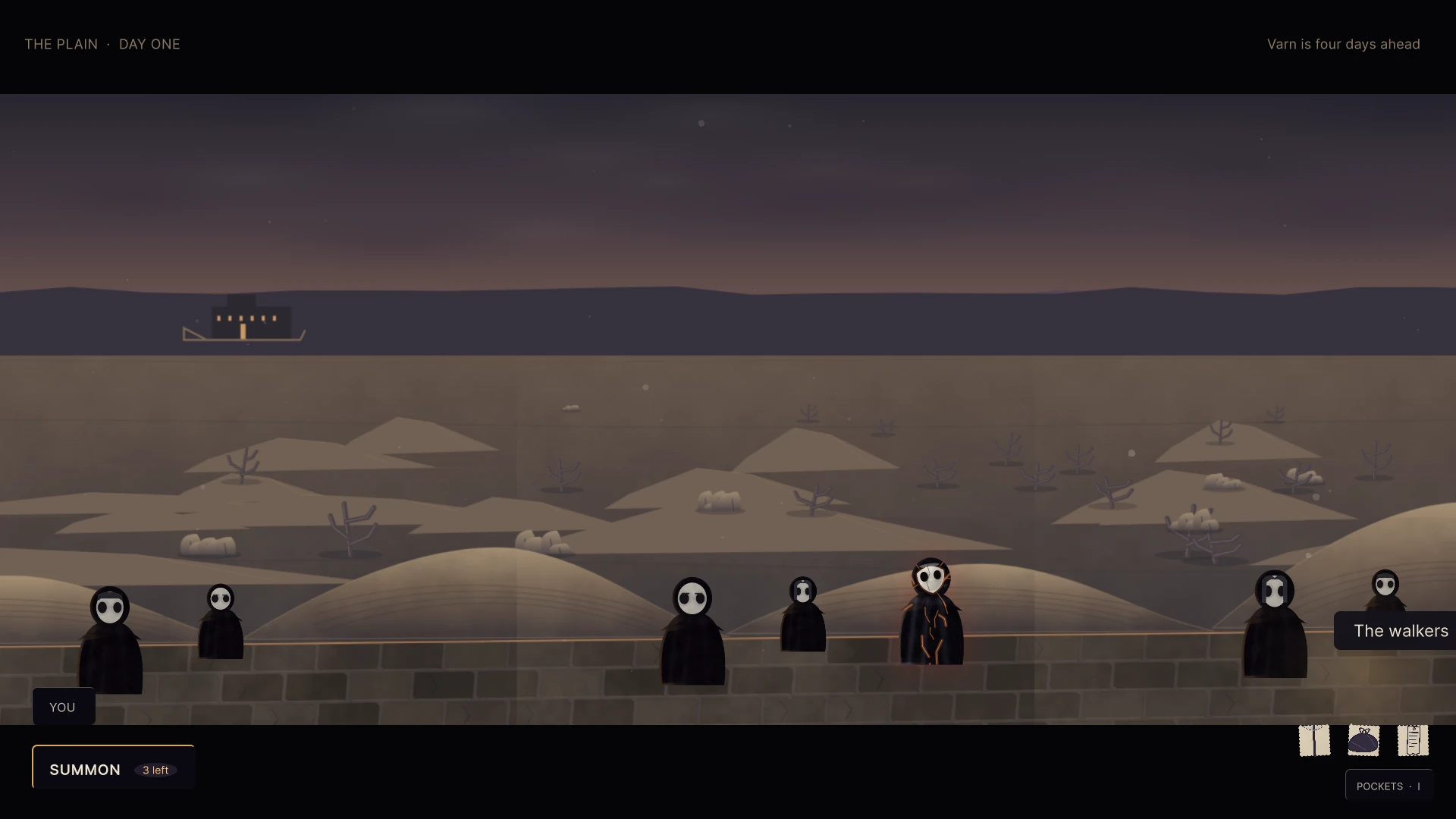 Masked travelers cross the road through the ash-covered plain