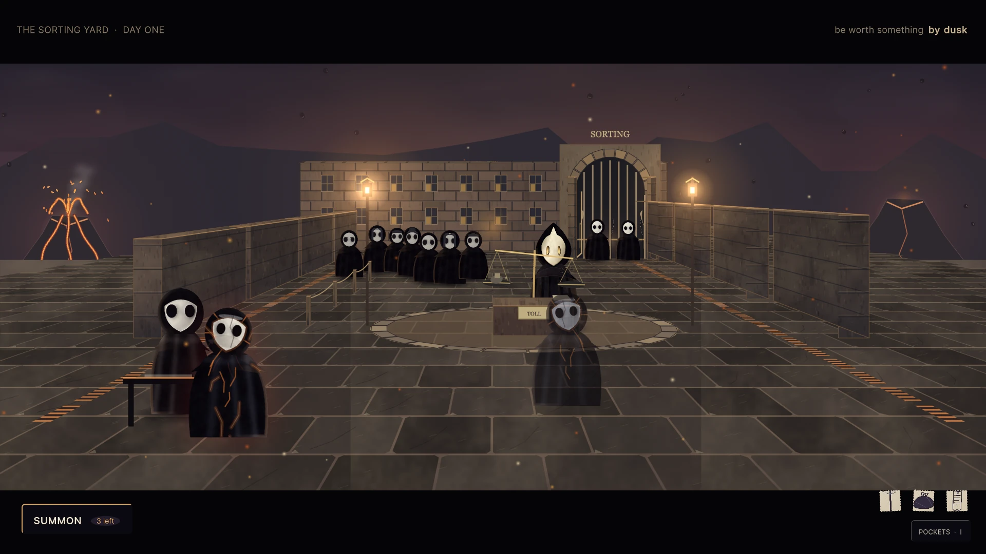 A summoned figure appears beside the Assayer as a volcano erupts beyond the yard