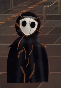 You, wearing a cracked pale mask and a dark robe with copper seams